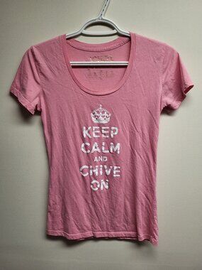 Chive Tees Keep Calm and Chive On Pink Graphic T-Shirt Women's Medium Funny Tee